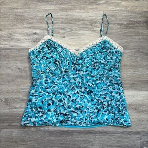 Ann Taylor Y2K 100% Silk Turquoise Blue Lace Trim Camisole Size 8